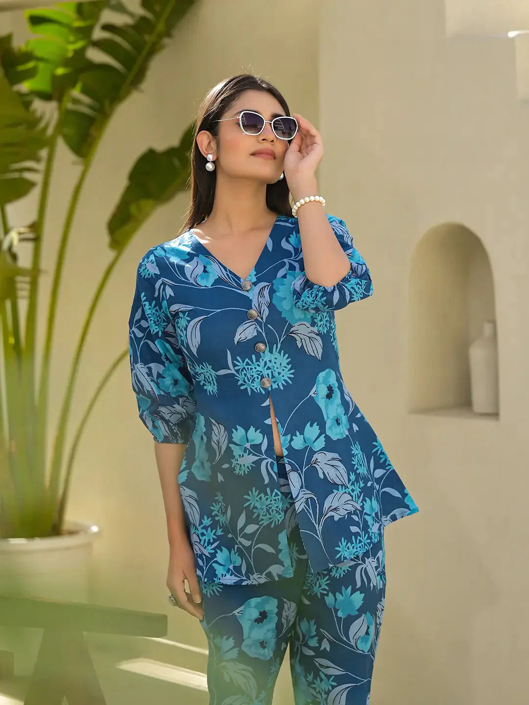 Yufta Blue Cotton Ethnic Motifs Print Co-Ord Set - Swadesiicart