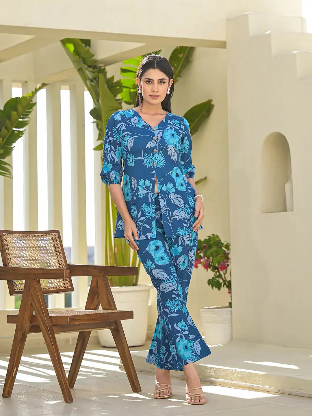 Yufta Blue Cotton Ethnic Motifs Print Co-Ord Set - Swadesiicart