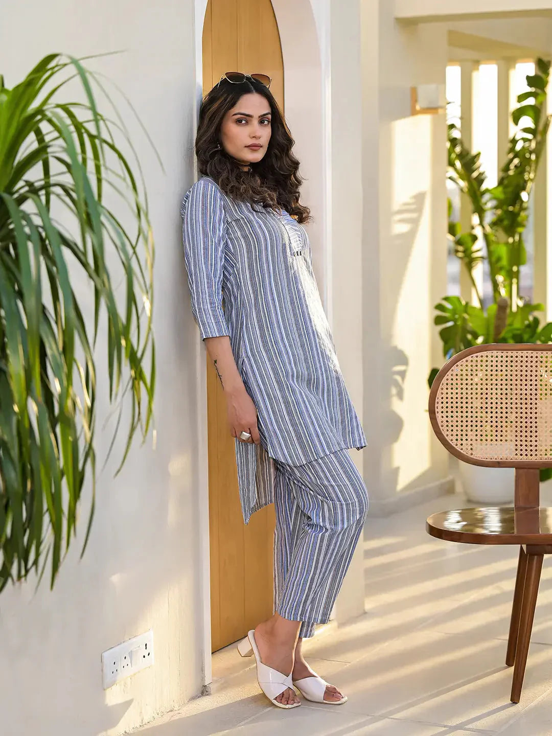 Yufta Blue Cotton Striped Print Co-Ord Set - Swadesiicart