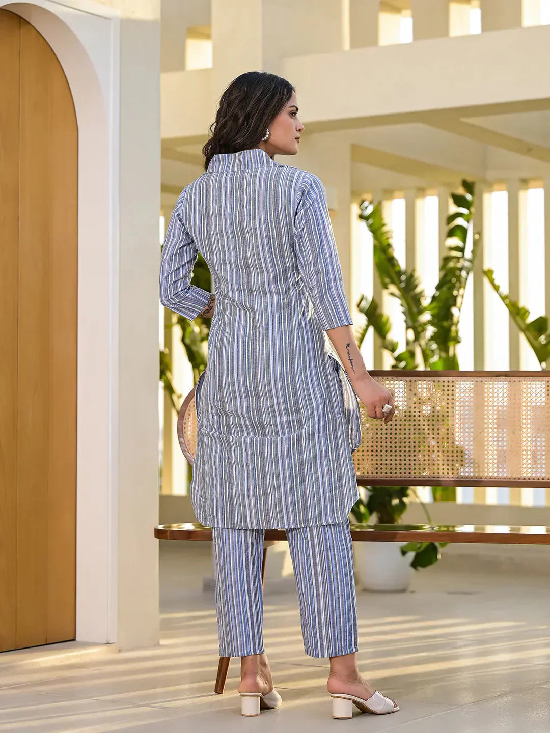 Yufta Blue Cotton Striped Print Co-Ord Set - Swadesiicart