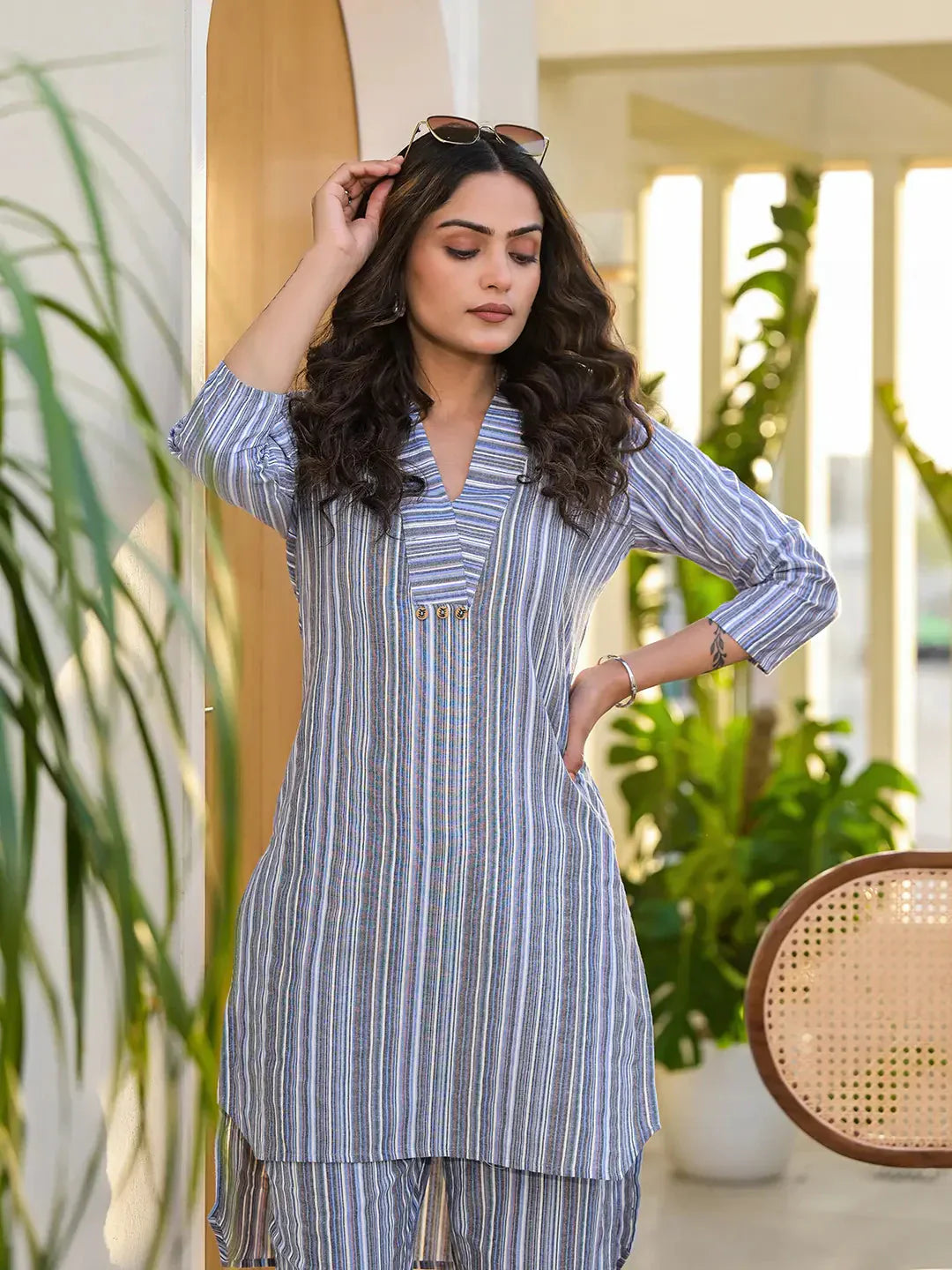 Yufta Blue Cotton Striped Print Co-Ord Set - Swadesiicart
