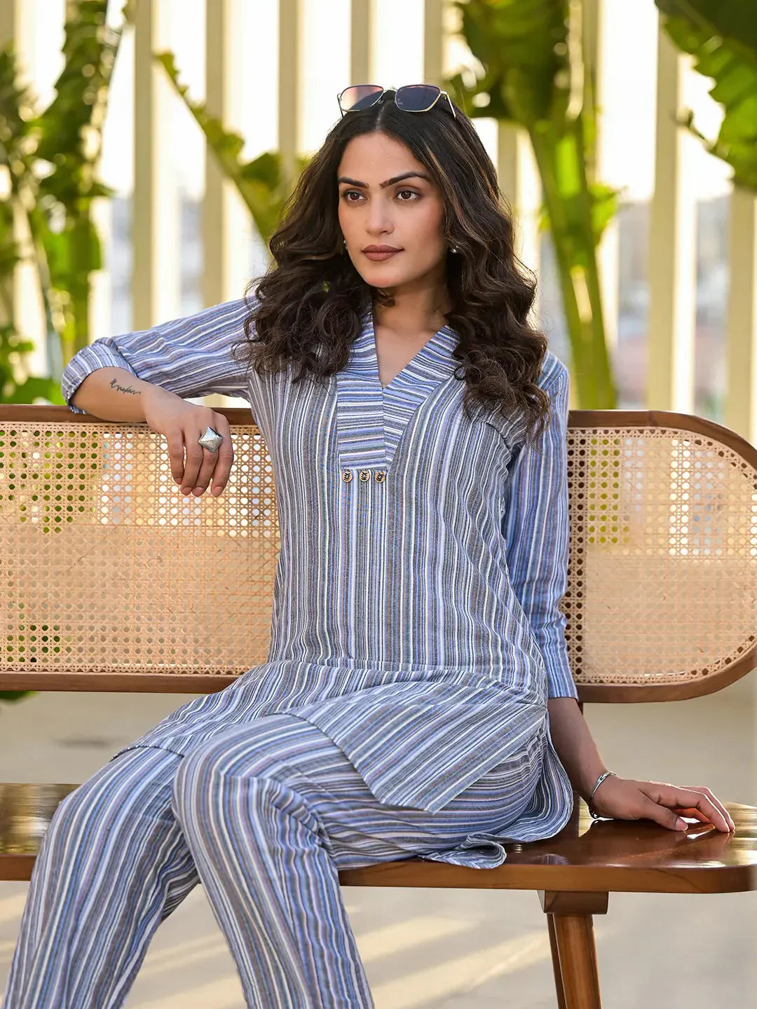 Yufta Blue Cotton Striped Print Co-Ord Set - Swadesiicart