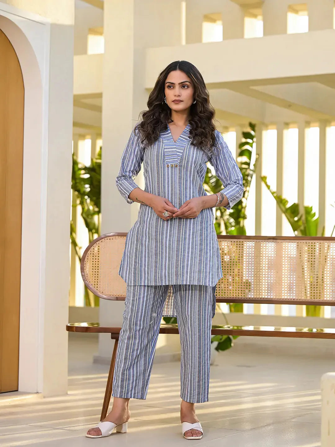 Yufta Blue Cotton Striped Print Co-Ord Set - Swadesiicart