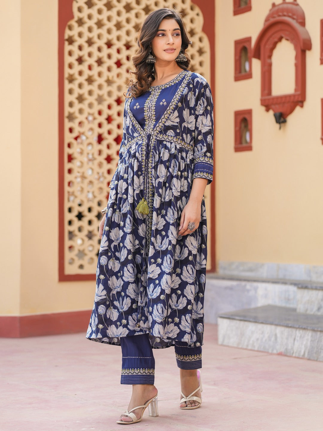 Yufta Blue Embroidered shrug Crop top co ord set - Swadesiicart