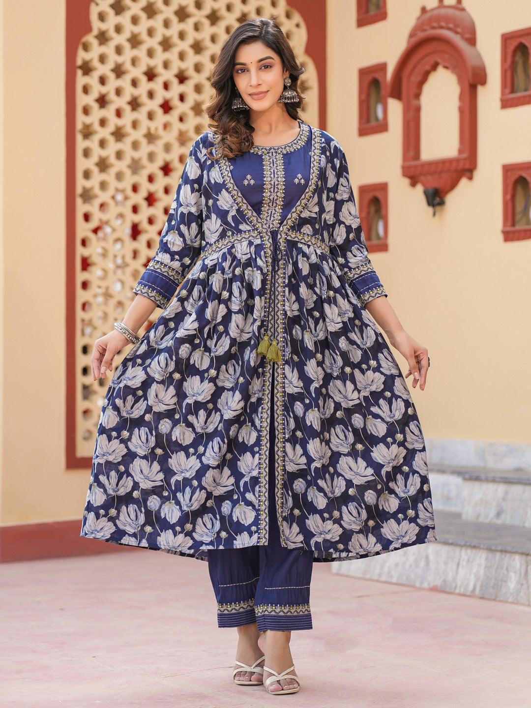 Yufta Blue Embroidered shrug Crop top co ord set - Swadesiicart