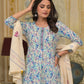 Yufta Blue Leaf Print Zari Work Anarkali Kurta Trouser With Dupatta Set - Swadesiicart