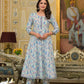 Yufta Blue Leaf Print Zari Work Anarkali Kurta Trouser With Dupatta Set - Swadesiicart