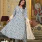 Yufta Blue Leaf Print Zari Work Anarkali Kurta Trouser With Dupatta Set - Swadesiicart