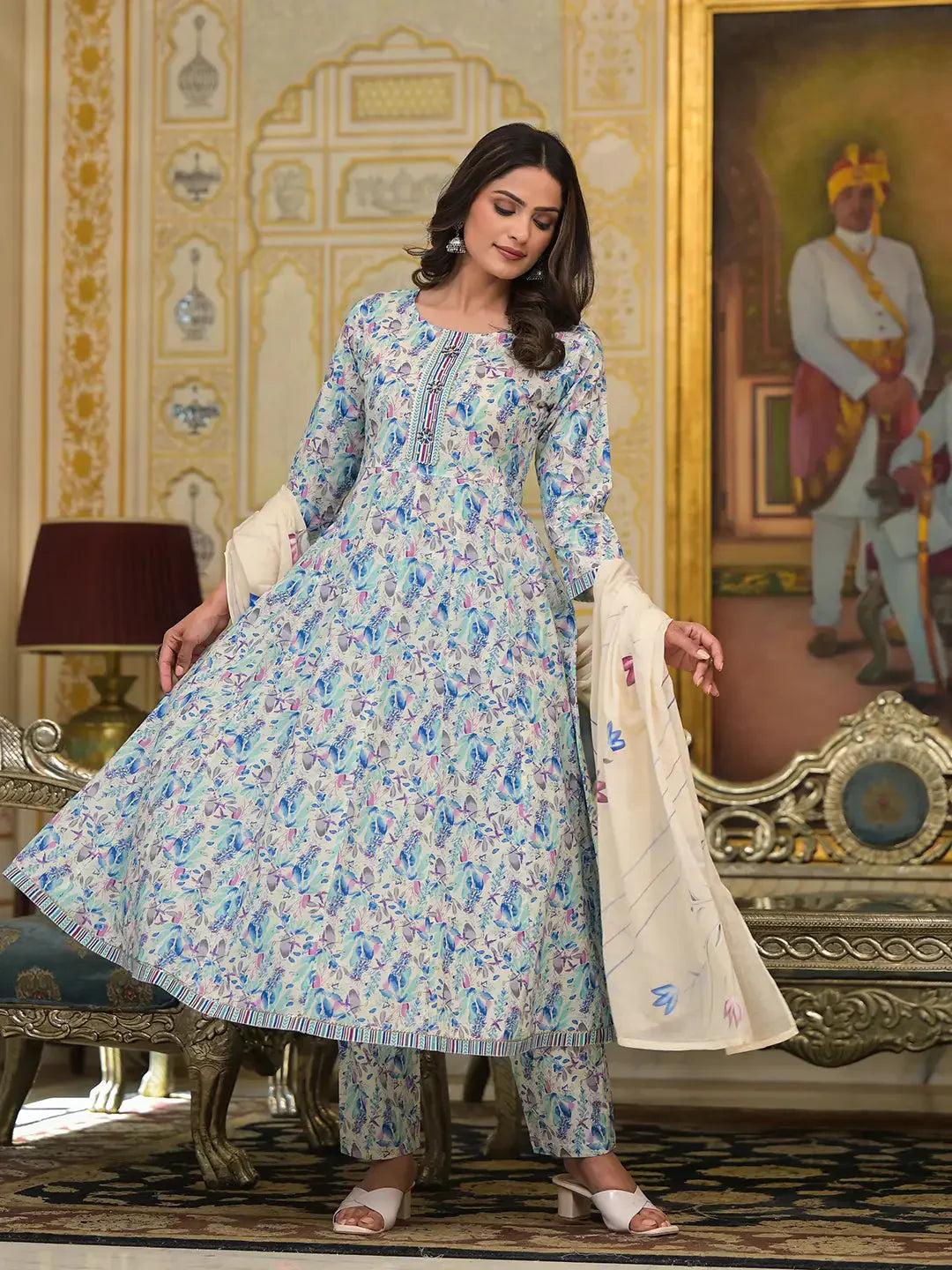 Yufta Blue Leaf Print Zari Work Anarkali Kurta Trouser With Dupatta Set - Swadesiicart