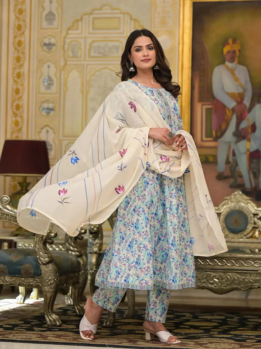 Yufta Blue Leaf Print Zari Work Anarkali Kurta Trouser With Dupatta Set - Swadesiicart
