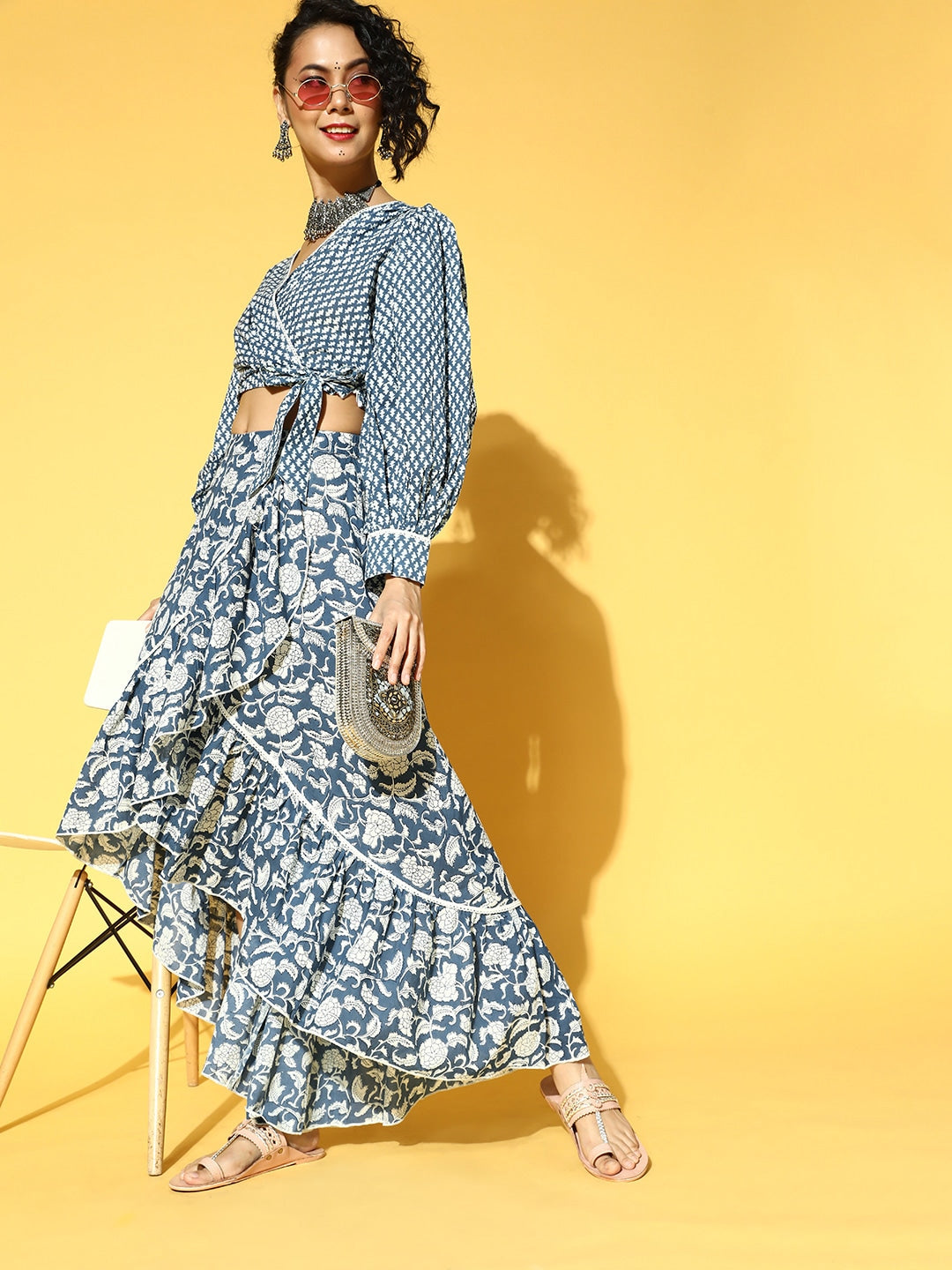 Yufta Blue & White Printed Co-ord Set - Swadesiicart