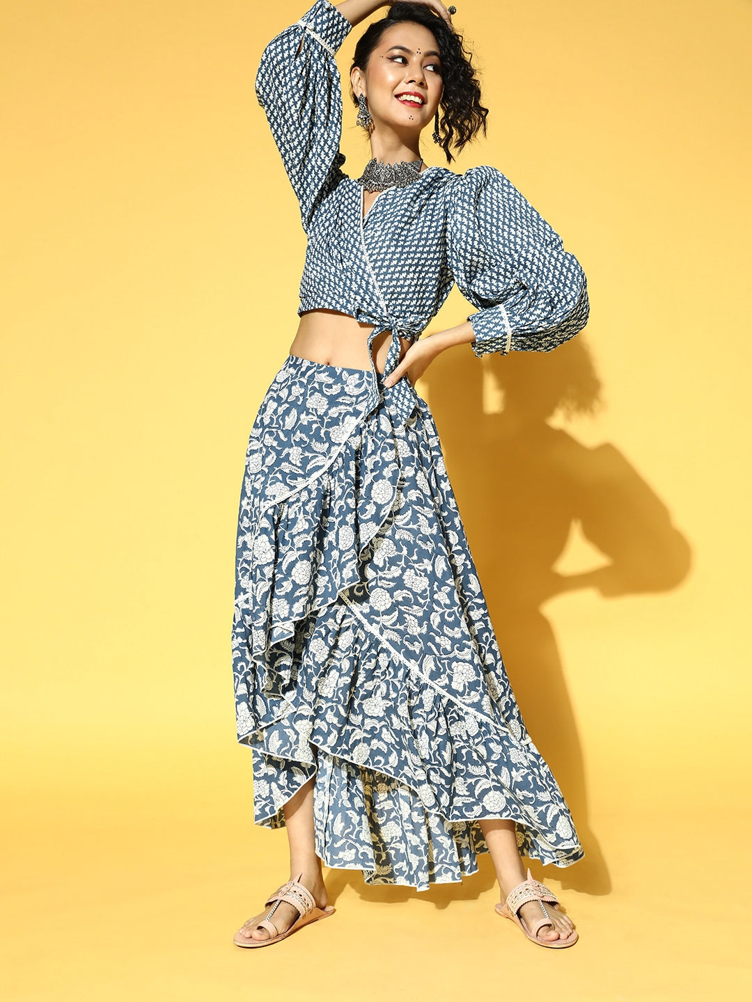 Yufta Blue & White Printed Co-ord Set - Swadesiicart