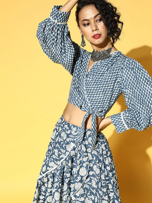 Yufta Blue & White Printed Co-ord Set - Swadesiicart
