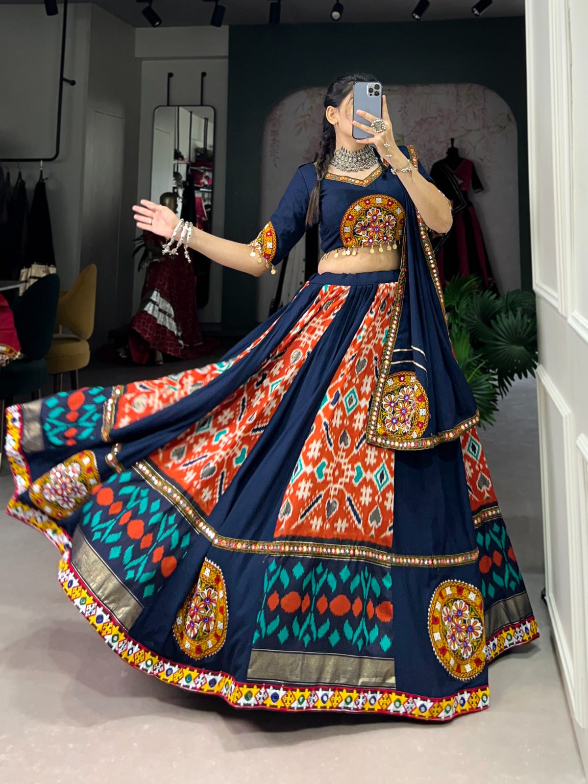 Lorenvalley Blue Rayon and Printed Silk with Plain And Printed With Original Mirror Gamthi Work And Gamthi Patch Work Lehenga Choli | Swadesiicart