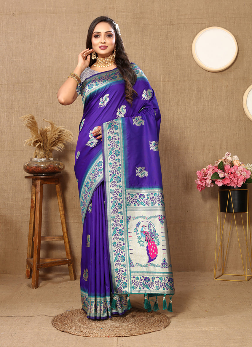 Lorenvalley Fashion Blue Soft Paithani Silk Woven Design Rich Meenakari Zari Weaving Pallu Saree - Swadesiicart
