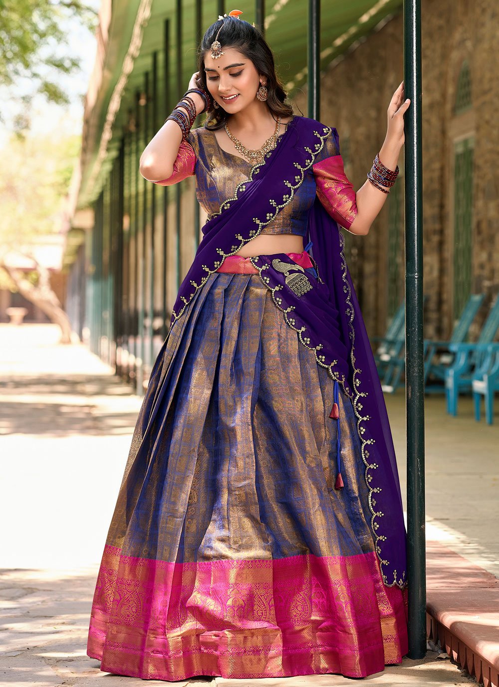 Lorenvalley Blue Kanjivaram Silk Zari Weaving Lehenga Choli with Dupatta | Swadesiicart