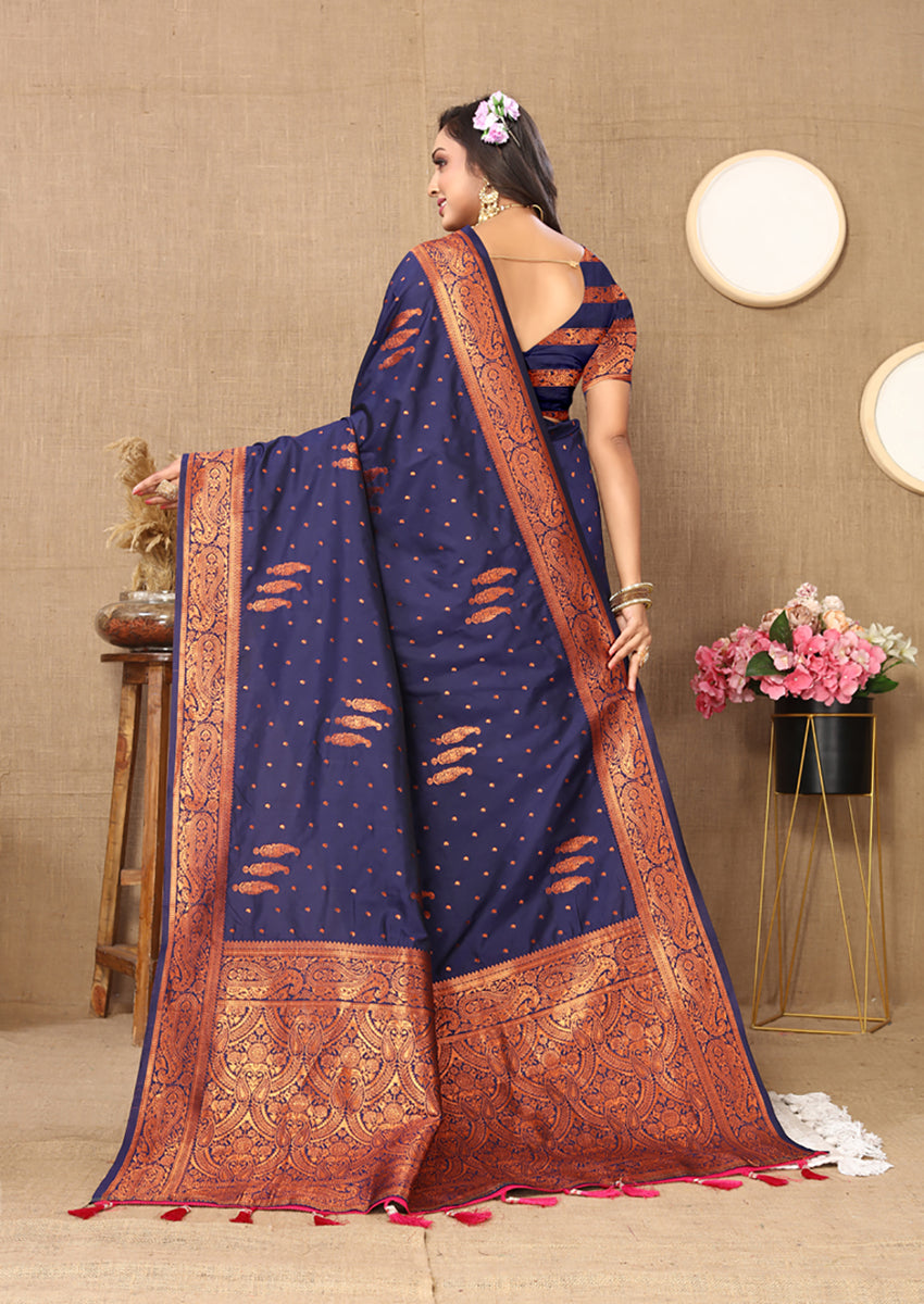 Lorenvalley Fashion Blue Soft Silk Copper Zari weaving Design Saree - Swadesiicart
