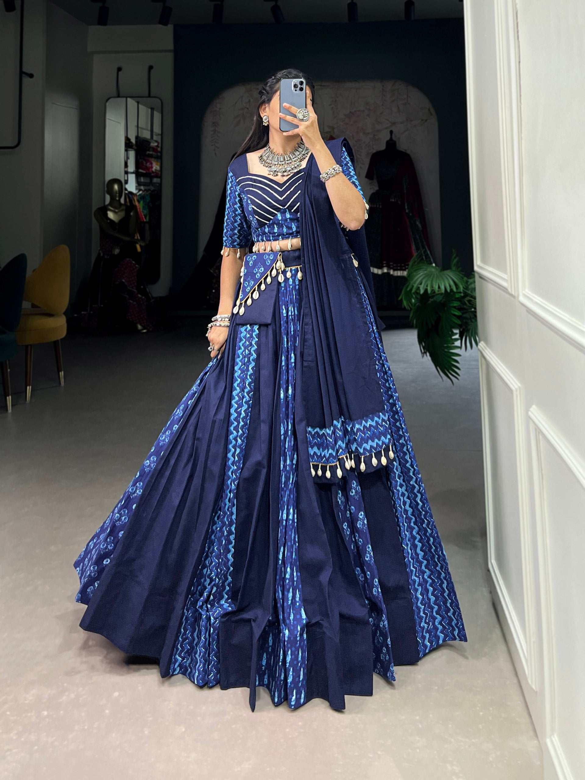 Lorenvalley Blue Pure Cotton Chaniya Choli Adorned With Cowrie Shells And Paired With A Matching Purse | Swadesiicart