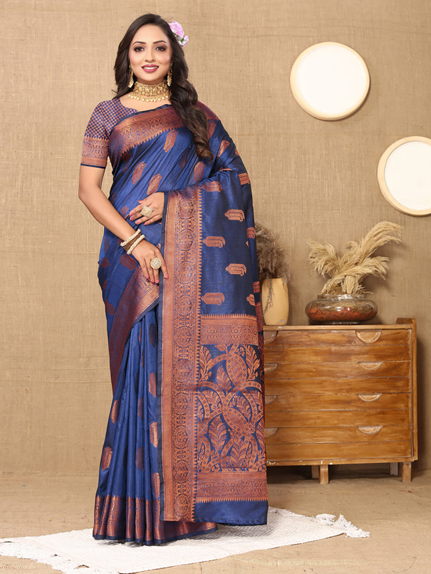 Lorenvalley Fashion Blue Soft Katan Silk Woven Design Copper Zari Weaving Saree - Swadesiicart