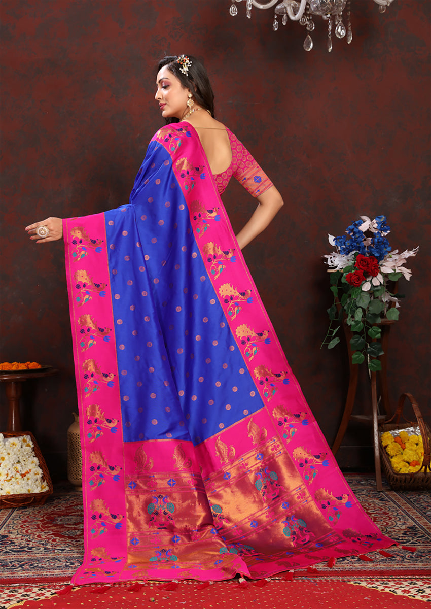 Lorenvalley Fashion Blue Soft Paithani Silk Woven Design Rich Zari Meenakari Weaving Saree - Swadesiicart