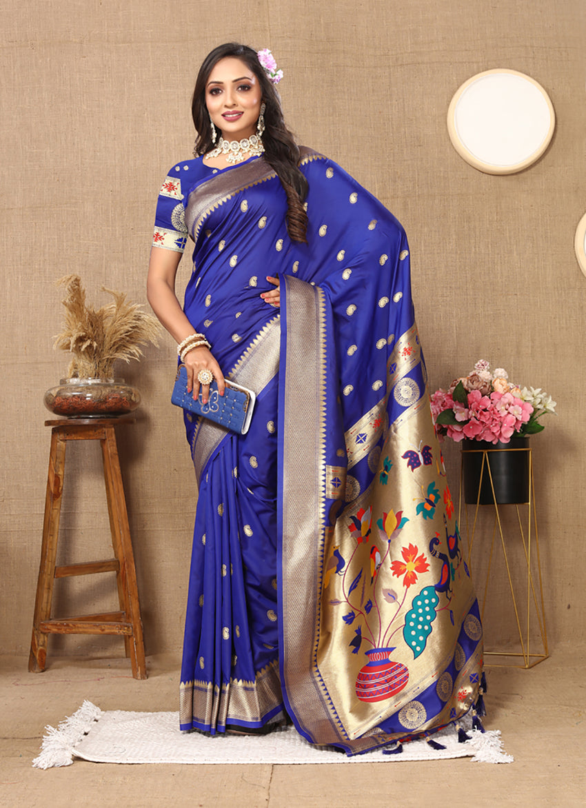 Lorenvalley Fashion Blue Soft Paithani Silk Woven Design Rich Zari Meenakari Weaving Saree - Swadesiicart
