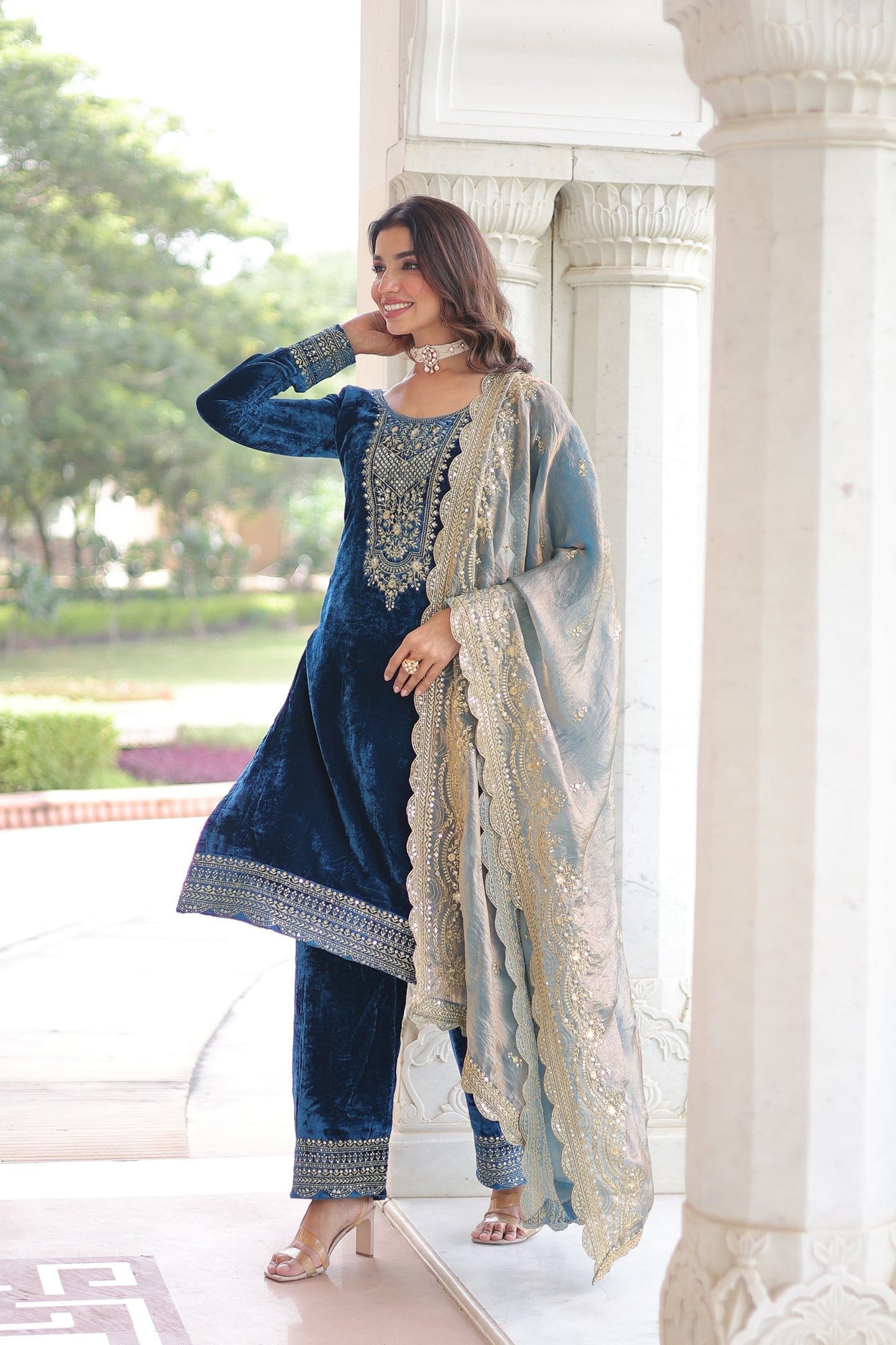 Lorenvalley Fashion Blue Velvet with Rich Sequins & Zari Embroidered work Kurta Pant with Dupatta - Swadesiicart