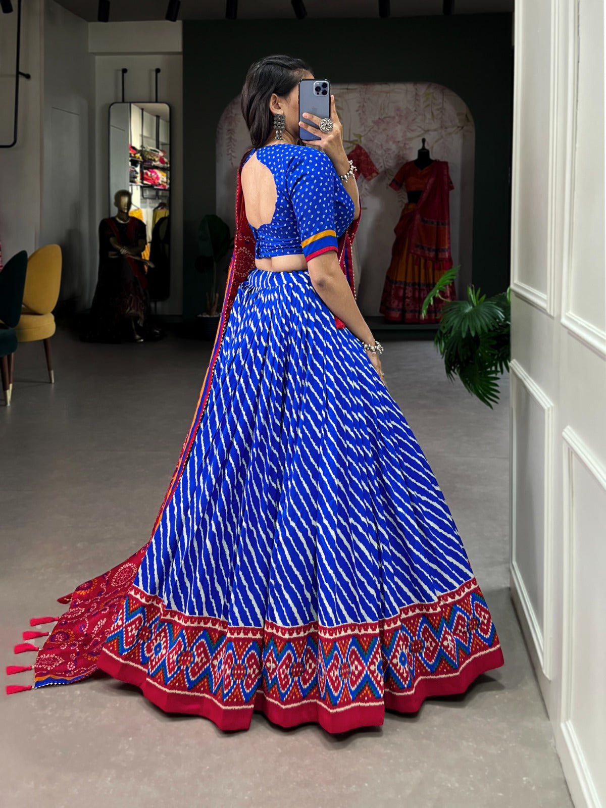 Lorenvalley Blue Tussar Silk Lehenga Leheriya Patola Print Border With Choli Bandhej Print With Bandhej Print Gotta Patti Lace Border Dupatta | Swadesiicart
