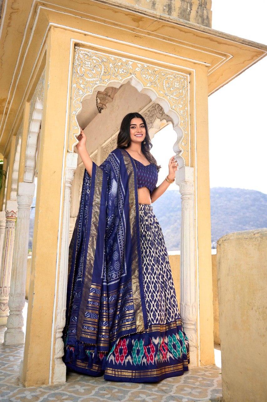 Lorenvalley Blue Tussar Silk Ikkat Print With Foil Work Lehenga Choli with Dupatta | Swadesiicart