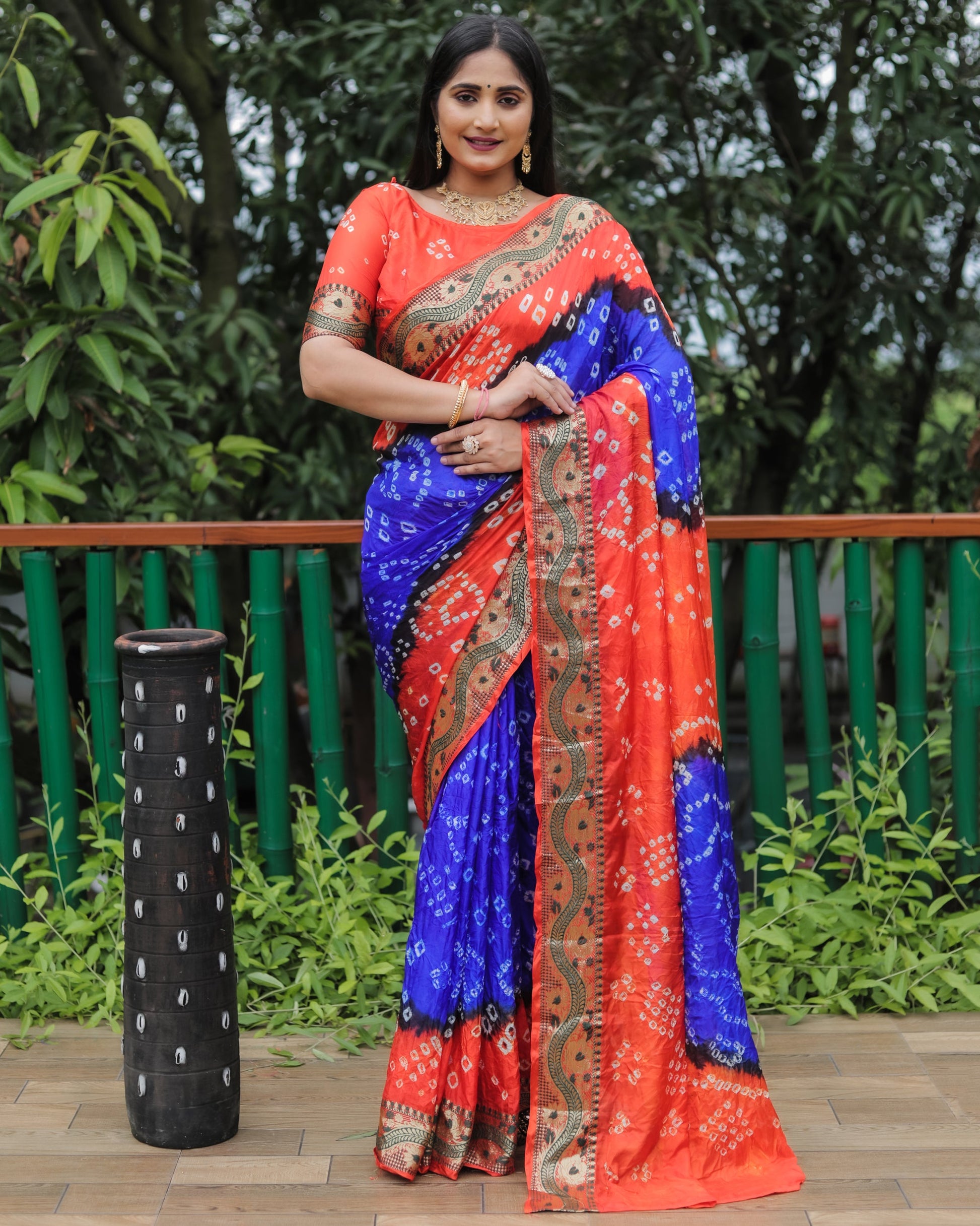 Lorenvalley Premium Pure Bandhej Tapeta Soft light weight silk saree with zari weaving Border - Multicolor - Swadesiicart