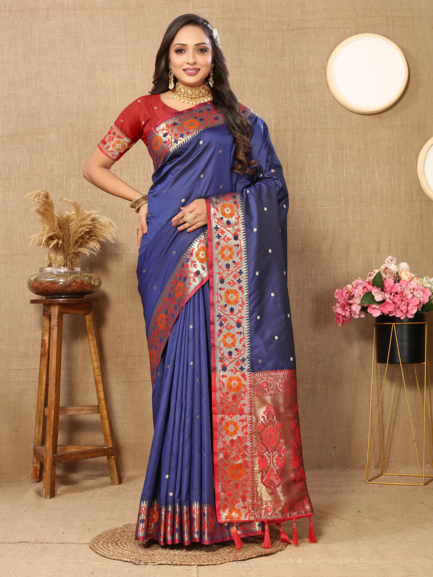 Lorenvalley Fashion Blue Soft Paithani Silk Woven Design Rich Meenakari Zari Weaving Pallu Saree - Swadesiicart
