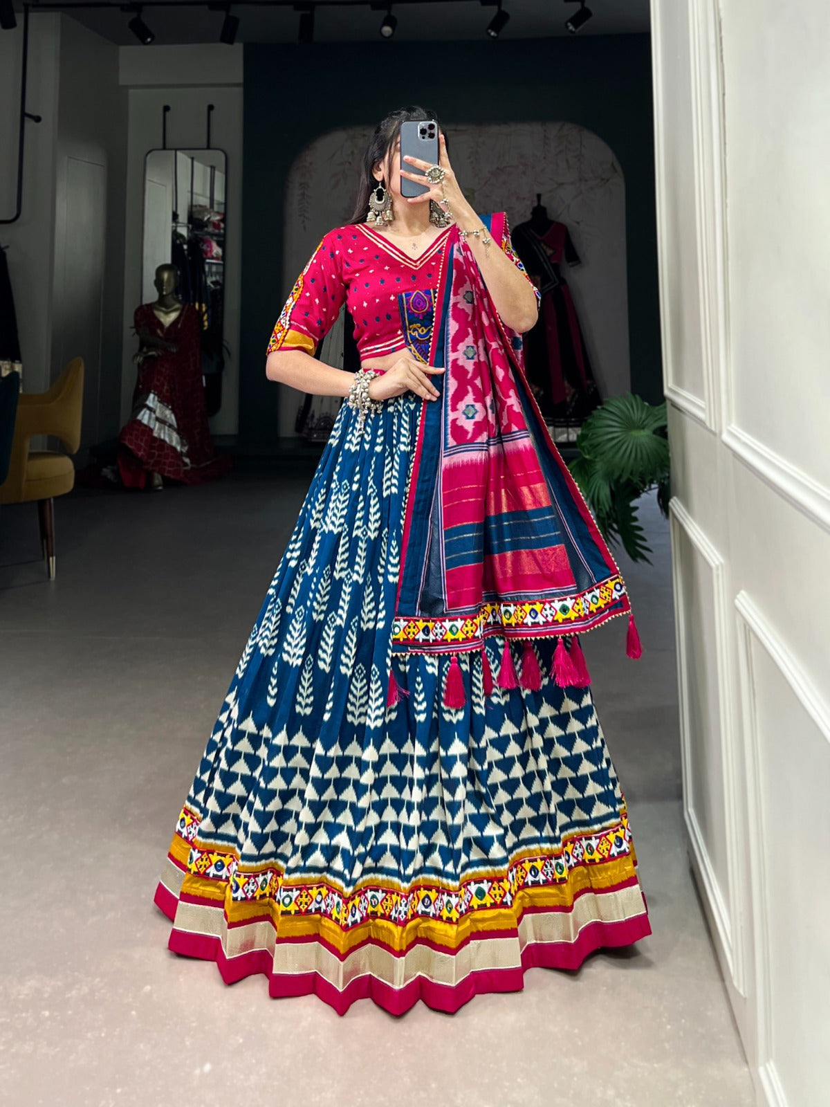 Lorenvalley Black Dola Silk with Printed With Foil Work And Original Mirror Gamthi Lace Touch Up Lehenga Choli | Swadesiicart