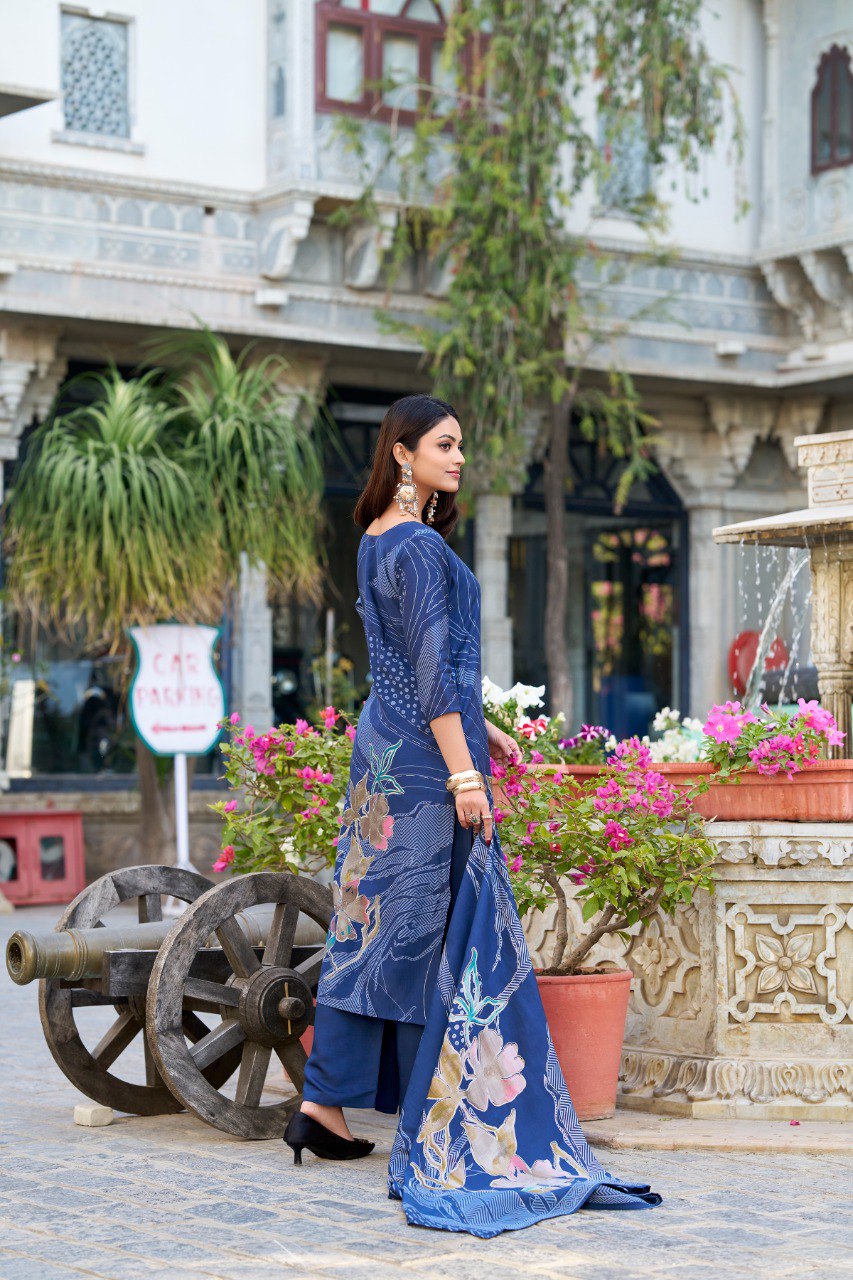 Lorenvalley Blue Roman Silk Floral Print With Beets Handwork Kurta Set | Swadesiicart