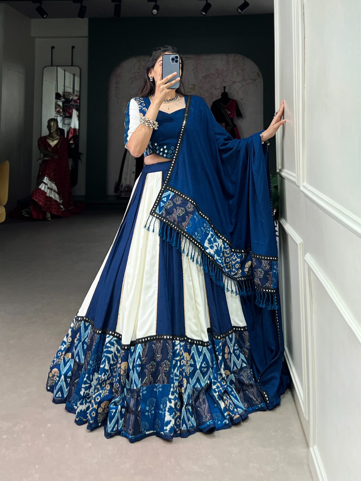 Lorenvalley Blue Pure Rayon with Plain And Printed With Paper Mirror Work Lace And Gota Patti Touch Up Lehenga Choli | Swadesiicart