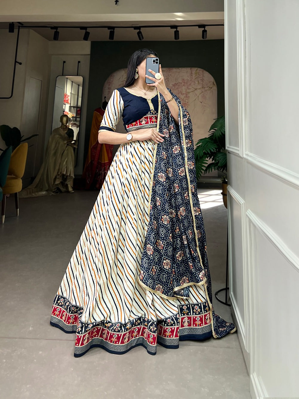 Lorenvalley White And Blue Pure Cotton Leheriya With Patola Print Lehenga Choli With Dupatta | Swadesiicart