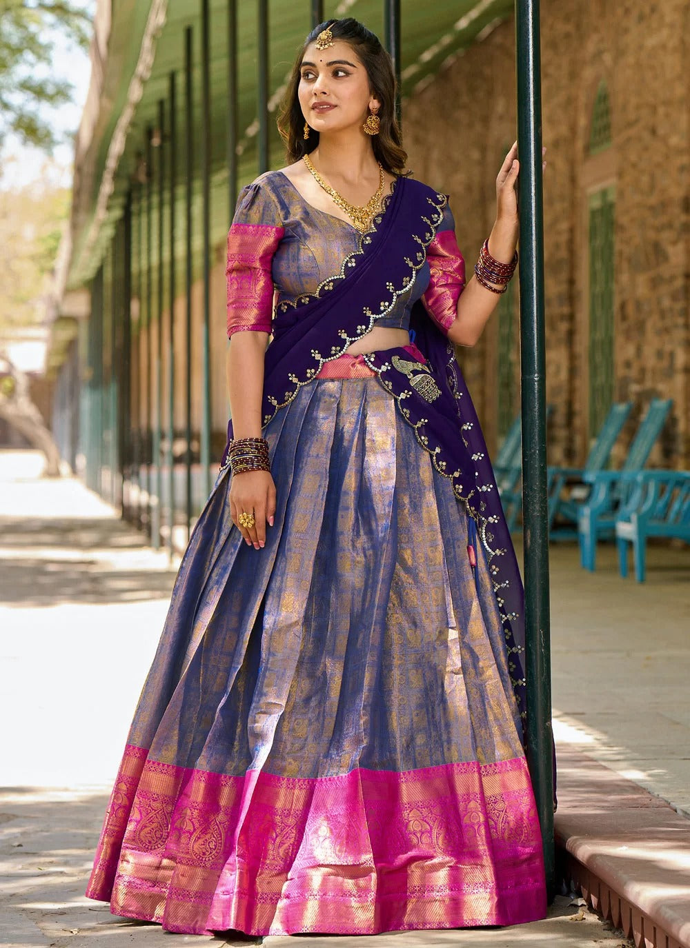 Lorenvalley Blue Kanjivaram Silk Zari Weaving Lehenga Choli with Dupatta | Swadesiicart