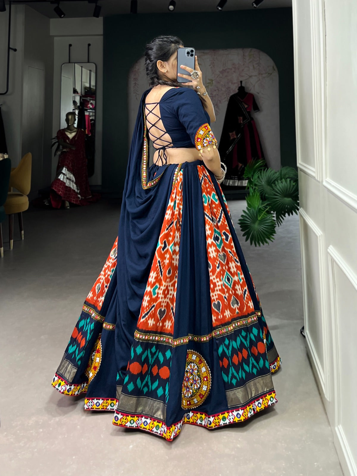Lorenvalley Blue Rayon and Printed Silk with Plain And Printed With Original Mirror Gamthi Work And Gamthi Patch Work Lehenga Choli | Swadesiicart
