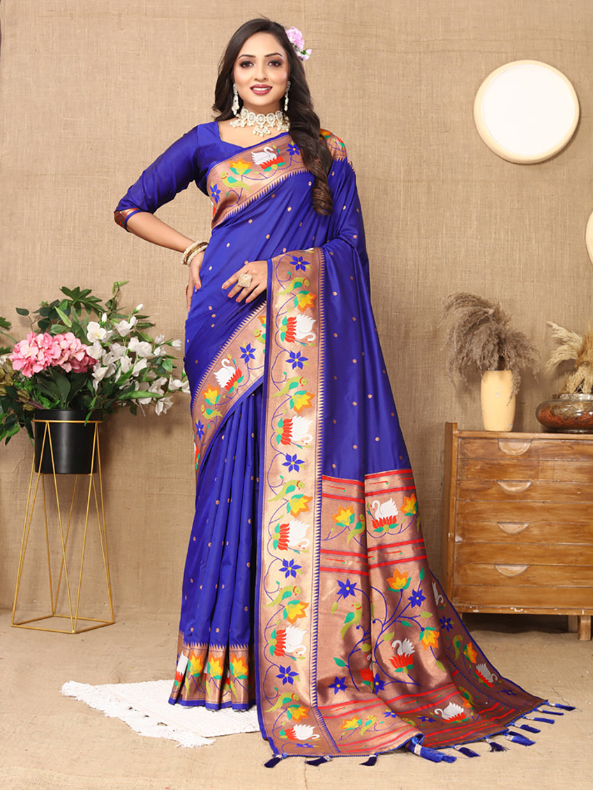Lorenvalley Fashion Blue Soft Paithani Silk Woven Design Rich Zari Meenakari Weaving Saree - Swadesiicart
