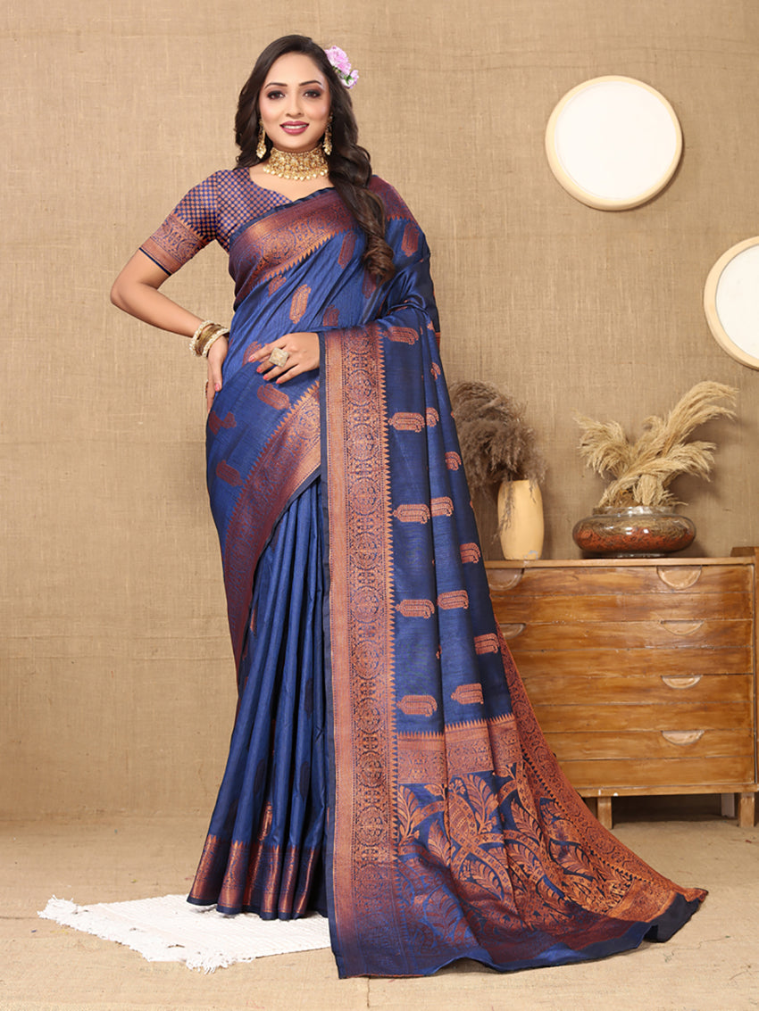 Lorenvalley Fashion Blue Soft Katan Silk Woven Design Copper Zari Weaving Saree - Swadesiicart