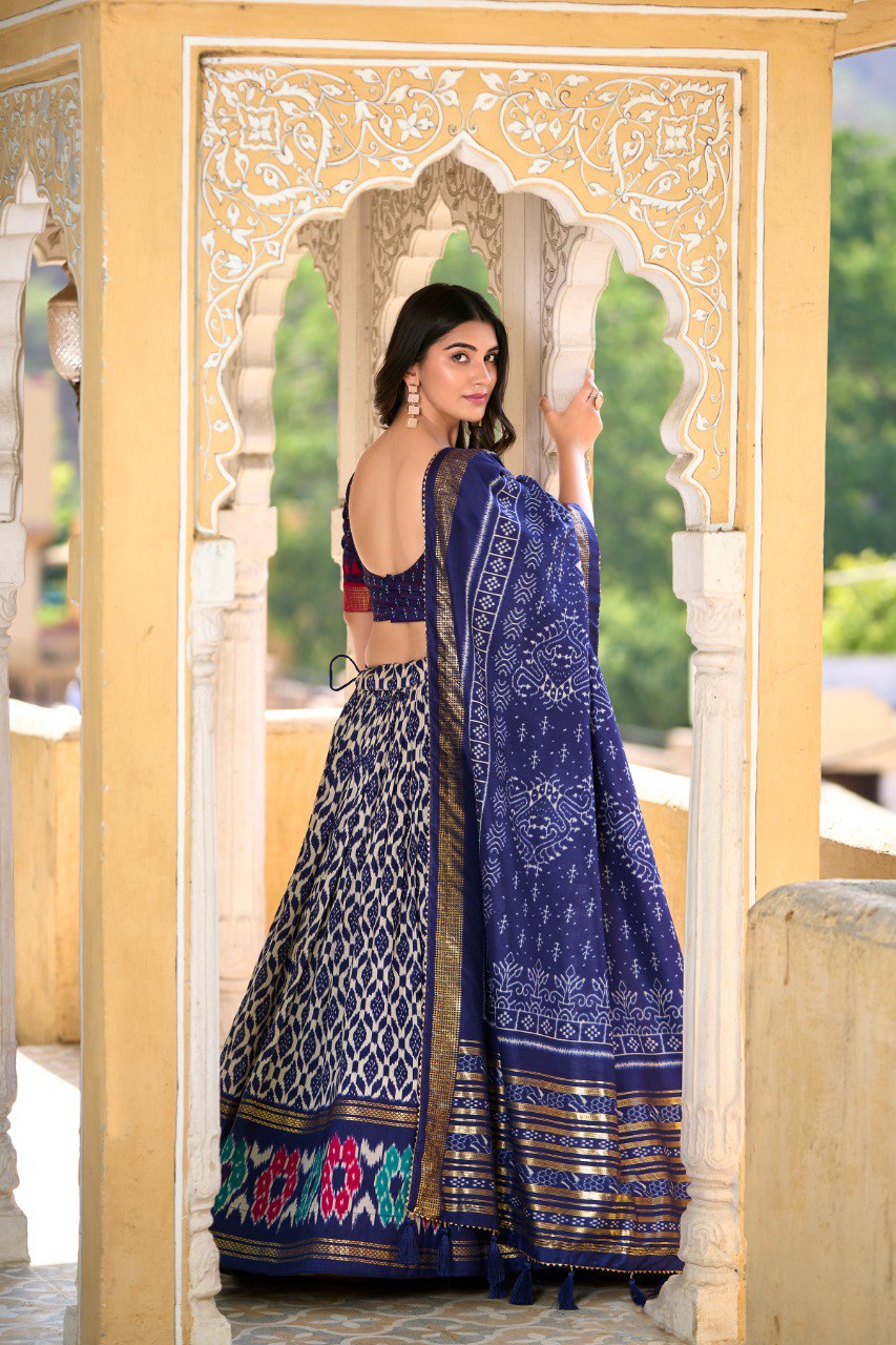 Lorenvalley Blue Tussar Silk Ikkat Print With Foil Work Lehenga Choli with Dupatta | Swadesiicart