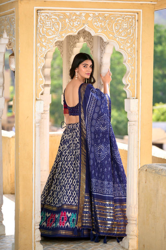 Lorenvalley Blue Tussar Silk Ikkat Print With Foil Work Lehenga Choli with Dupatta | Swadesiicart