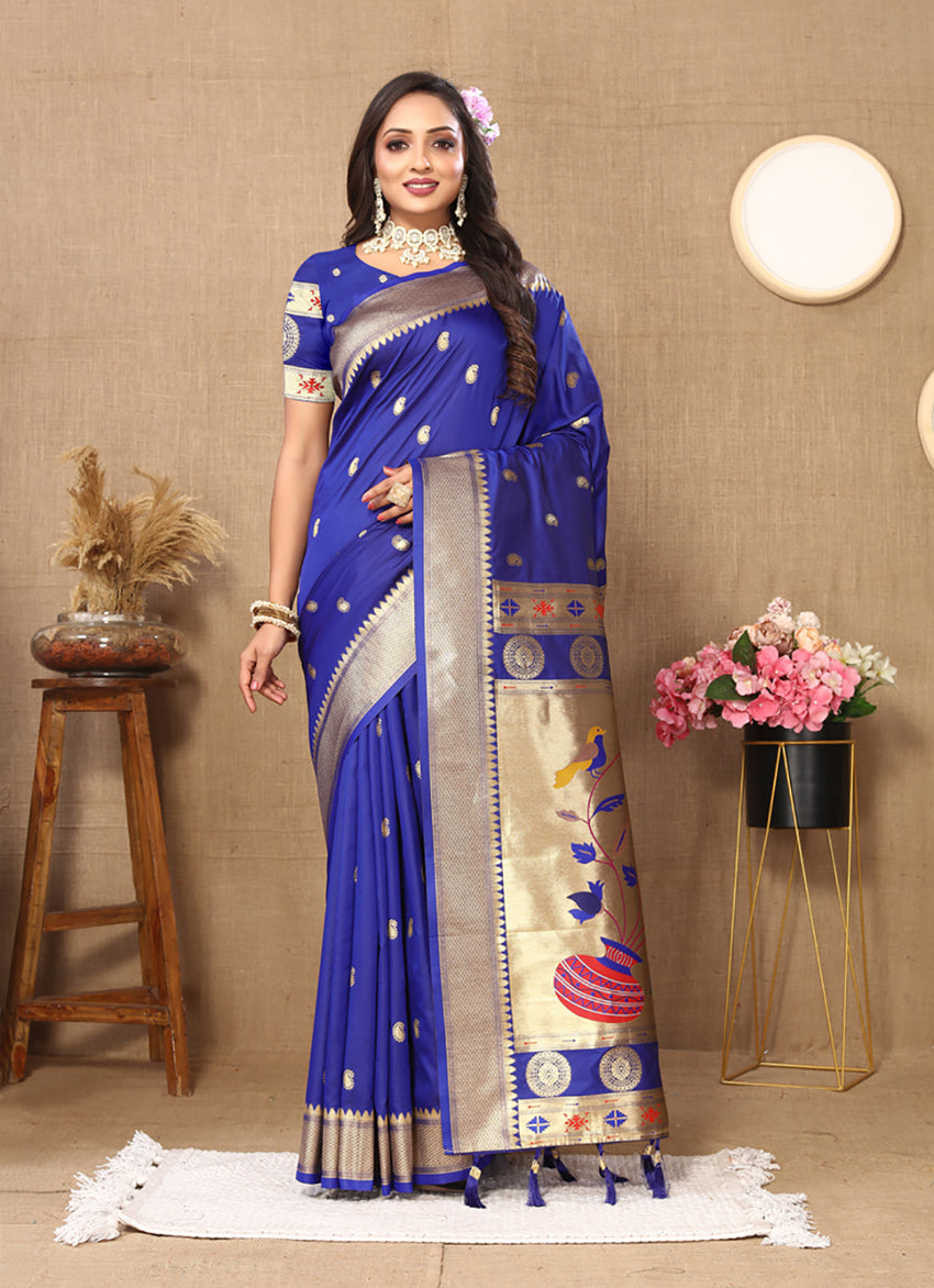 Lorenvalley Fashion Blue Soft Paithani Silk Woven Design Rich Zari Meenakari Weaving Saree - Swadesiicart