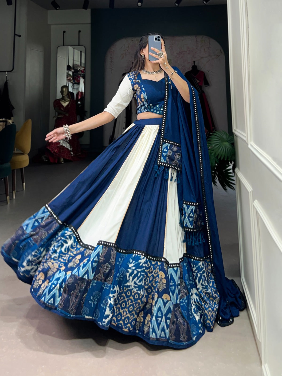 Lorenvalley Blue Pure Rayon with Plain And Printed With Paper Mirror Work Lace And Gota Patti Touch Up Lehenga Choli | Swadesiicart