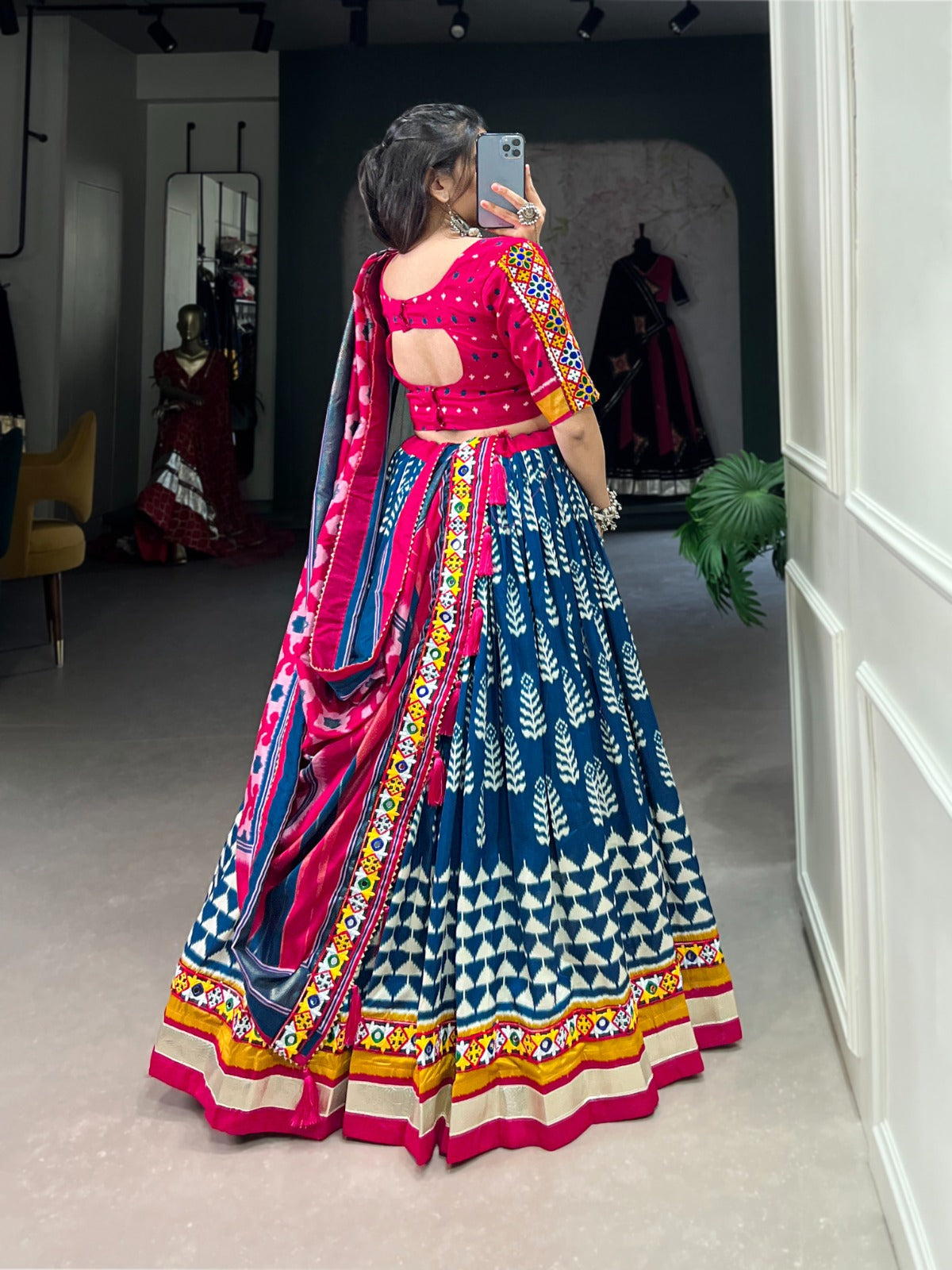 Lorenvalley Black Dola Silk with Printed With Foil Work And Original Mirror Gamthi Lace Touch Up Lehenga Choli | Swadesiicart