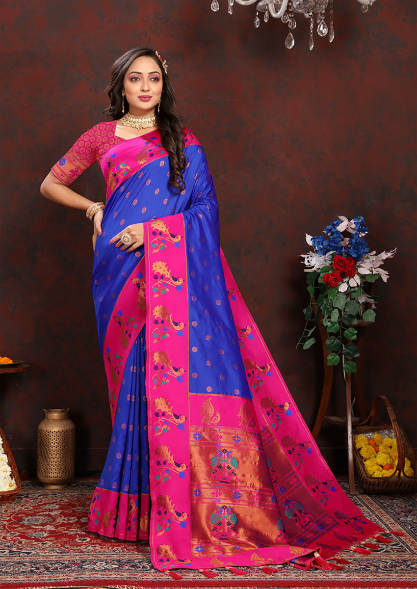Lorenvalley Fashion Blue Soft Paithani Silk Woven Design Rich Zari Meenakari Weaving Saree - Swadesiicart