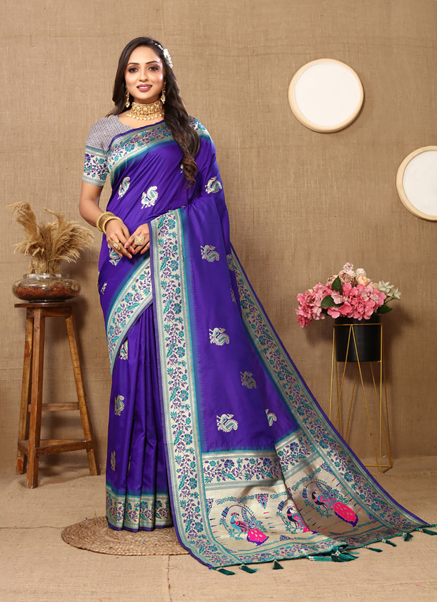 Lorenvalley Fashion Blue Soft Paithani Silk Woven Design Rich Meenakari Zari Weaving Pallu Saree - Swadesiicart