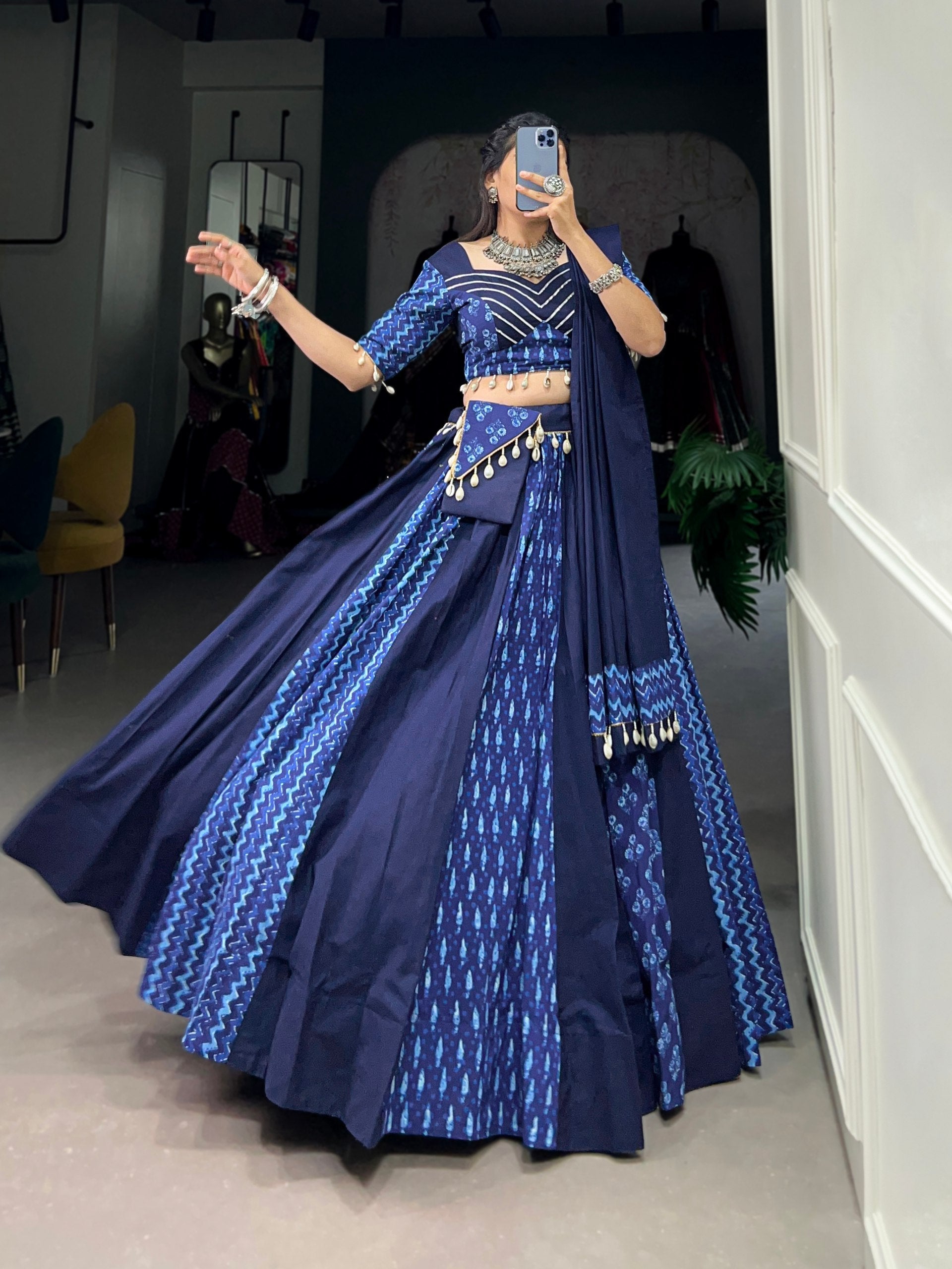 Lorenvalley Blue Pure Cotton Chaniya Choli Adorned With Cowrie Shells And Paired With A Matching Purse | Swadesiicart
