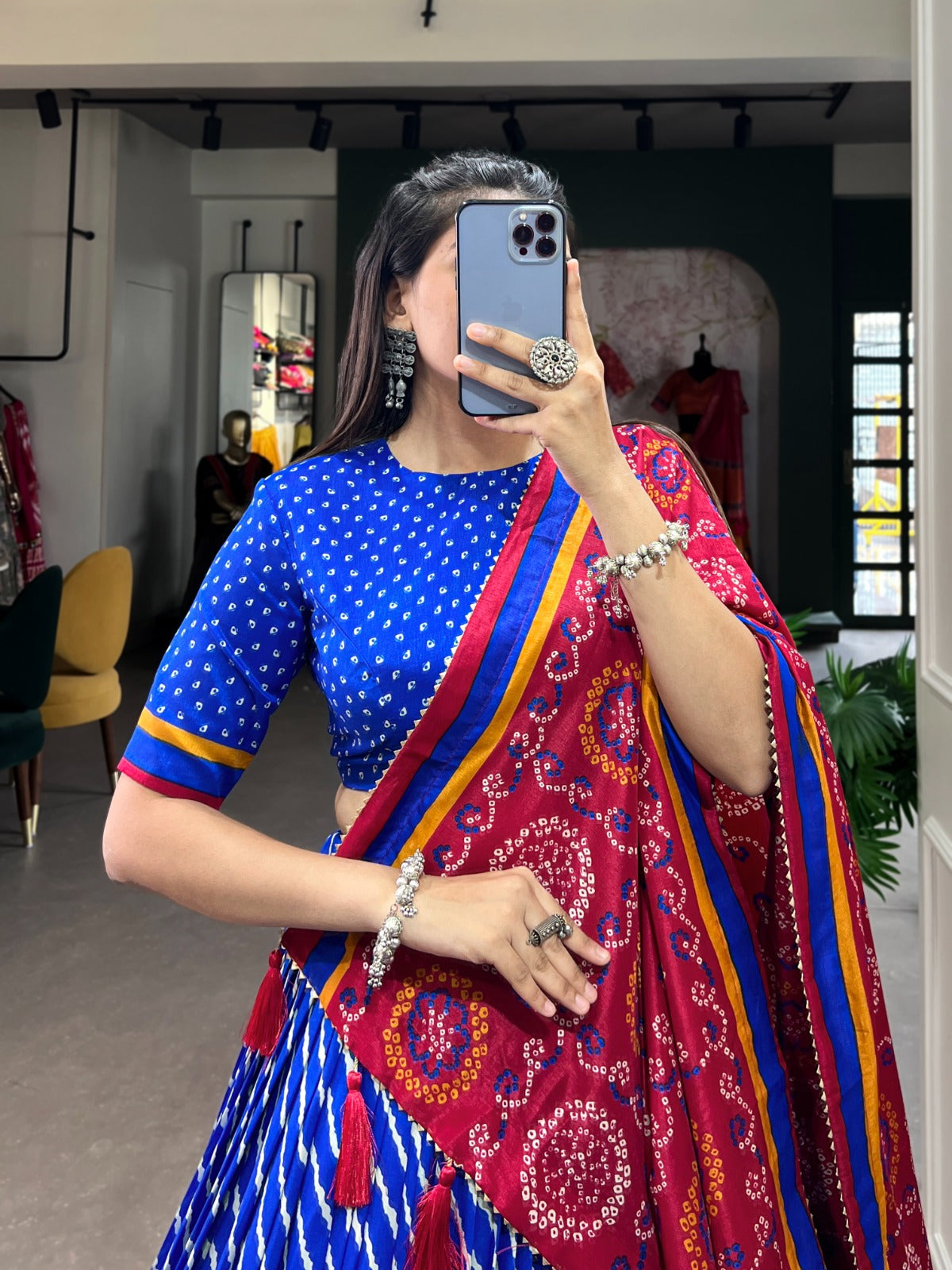 Lorenvalley Blue Tussar Silk Lehenga Leheriya Patola Print Border With Choli Bandhej Print With Bandhej Print Gotta Patti Lace Border Dupatta | Swadesiicart
