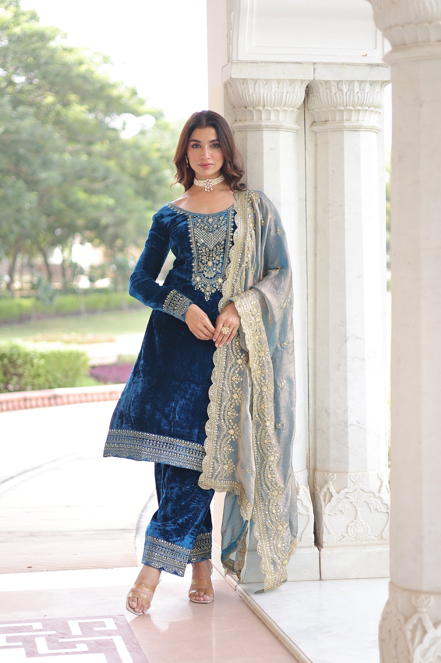 Lorenvalley Fashion Blue Velvet with Rich Sequins & Zari Embroidered work Kurta Pant with Dupatta - Swadesiicart