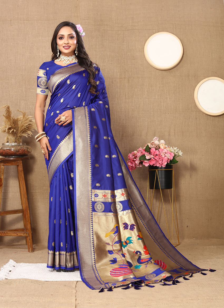 Lorenvalley Fashion Blue Soft Paithani Silk Woven Design Rich Zari Meenakari Weaving Saree - Swadesiicart