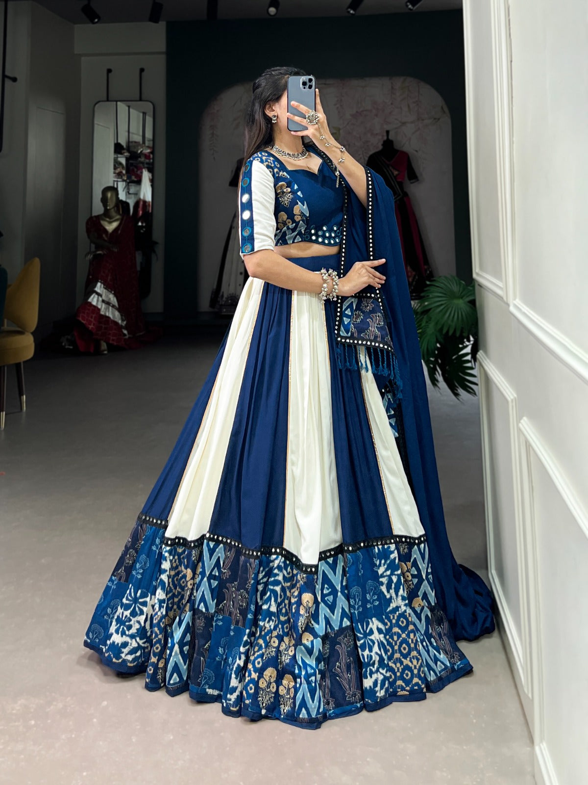Lorenvalley Blue Pure Rayon with Plain And Printed With Paper Mirror Work Lace And Gota Patti Touch Up Lehenga Choli | Swadesiicart